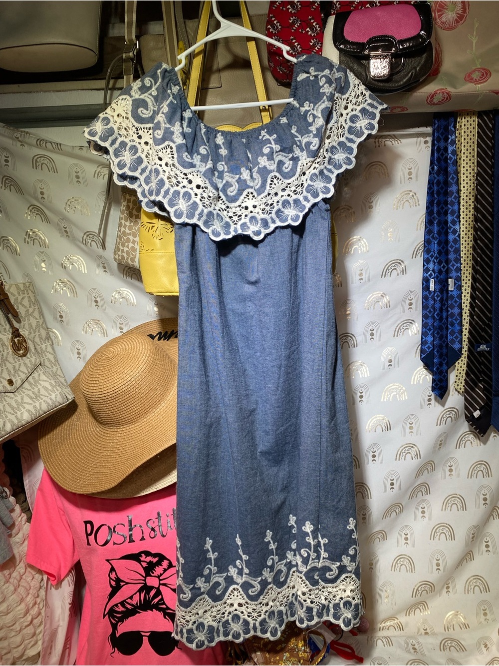 Kaktus Blue Chambray Off-Shoulder Dress with White Lace
